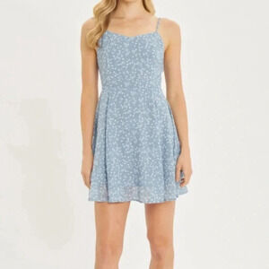 Floral Print Mini Tied Back Dress Blue Stone Sheer Fully Lined Flowy